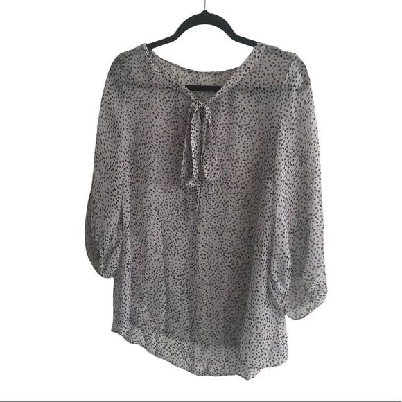 SILK Popover Printed Semi-Sheer Blouse With Tie Neck Grey Blue M - Picture 3 of 10